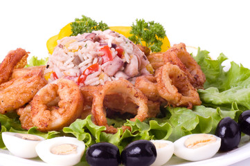 Tasty deep fried squid rings with  rissoto