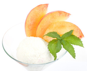 Tasty ice cream dessert with peach