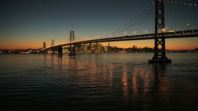 Aerial sunset view, Oakland Bay bridge, San Francisco, USA