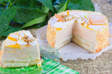 a delicious sweet cake is beautifully decorated with the cut pie