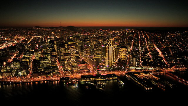 Aerial sunset view of Fishermans Wharf and San Francisco, USA