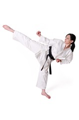 Karate woman posing on a white background