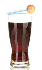 Lollipop with a taste of cola with a glass of cola isolated