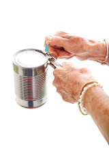 Elderly Hands Struggle with Can Opener