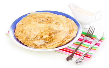 Stack of tasty pancakes isolated on white