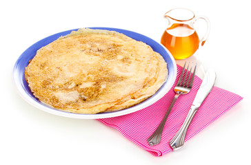Stack of tasty pancakes isolated on white