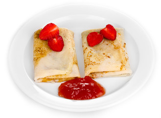 Stack of tasty pancakes isolated on white