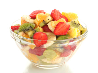 glass bowl with fresh fruits salad isolated on white