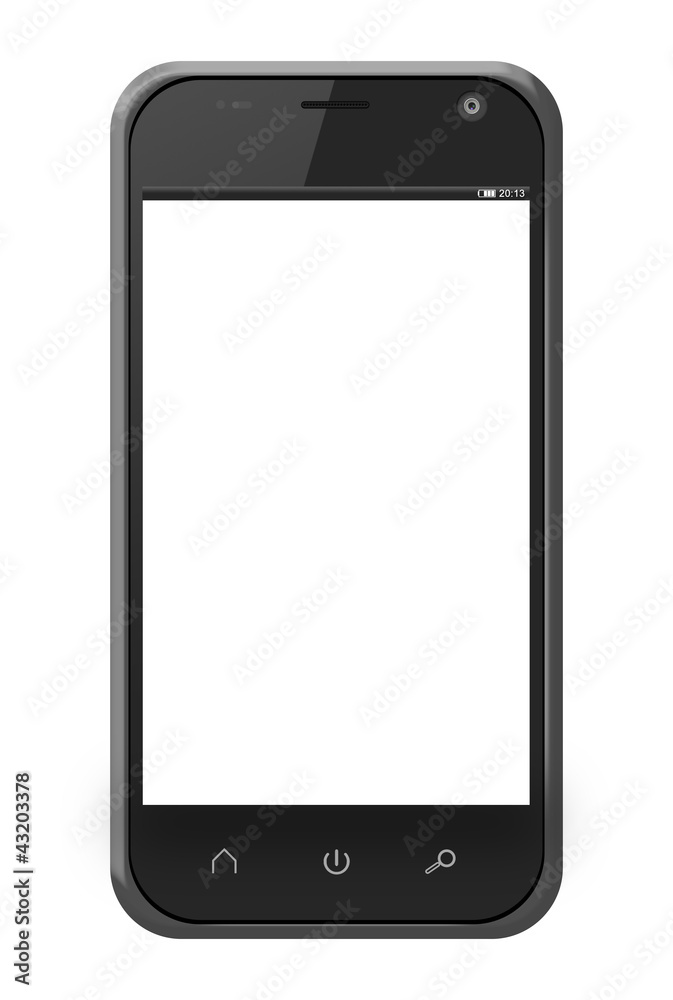 Poster realistic mobile phone with blank screen isolated on white backg