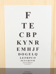 Eyesight test chart on wooden background