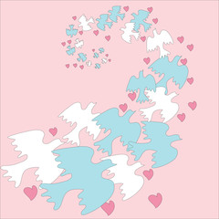 Flock doves with hearts on a pink background