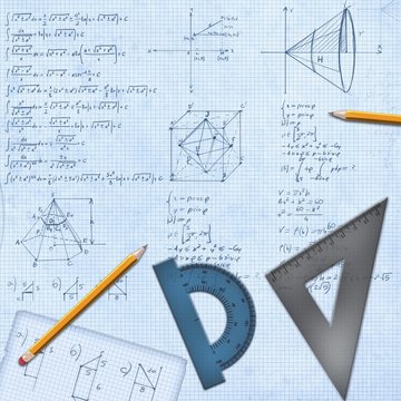 mathematical desk with formulas and equipment