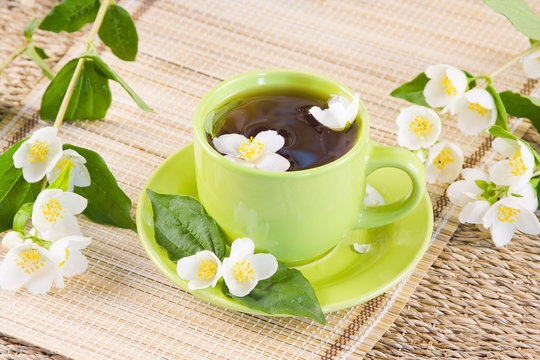 green tea and sprigs of jasmin