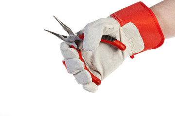 Hand with protection glove holding Pliers