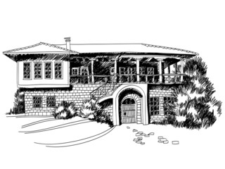 Black and white sketch of big mediterranean villa - 43215734