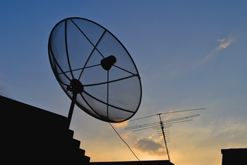 Satellite Dish and Antenna TV on Sunset Time