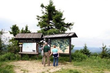 tourists looking at map on top of Jaworzyna near Krynica