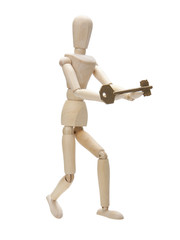 wooden man with key, isolated on white