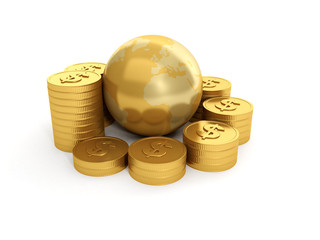 3d illustration: Land and a group of gold coins on a white backg