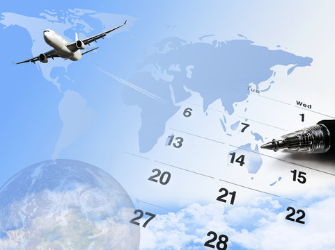 composite of calendar and world map and airplane