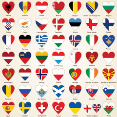 Flags of European Countries in heart shape, icon pack