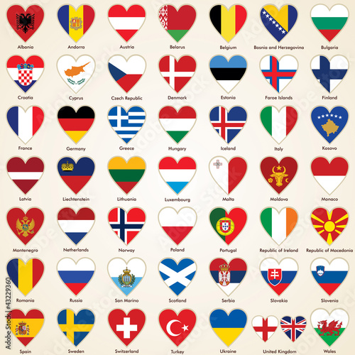 "Flags of European Countries in heart shape, icon pack" Stock image and