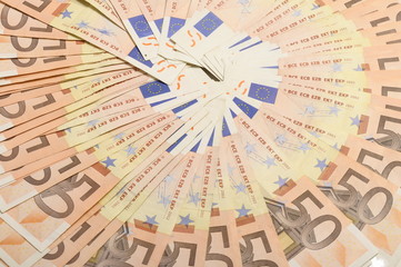 Lot of money fifty euros banknotes for background