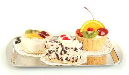 sweet cakes with fruits and chocolate