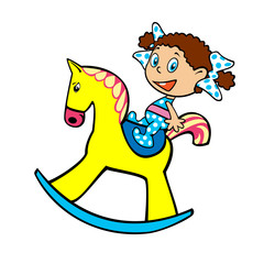 little girl on a yellow toy horse