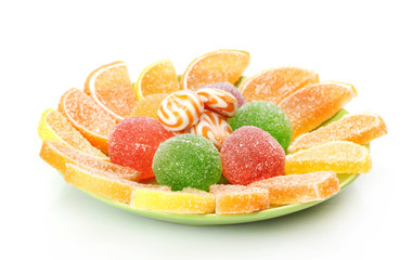 colorful jelly candies on plate isolated on white