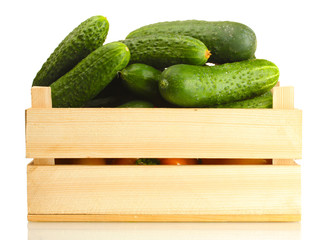 fresh cucumbers in wooden box  isolated on white