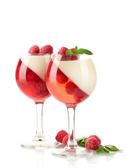 fruit jelly with raspberries in glasses isolated on white