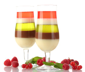 fruit jelly in glasses and raspberries isolated on white