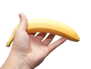 a banana in his hand on a white background