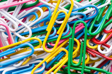 Assorted multicolor paper clips, close-up shot