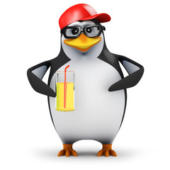 3d Penguin in baseball cap with a nice drink