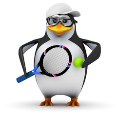3d Penguin in baseball cap plays tennis