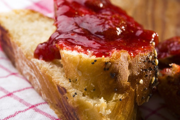 Sweet bread ( challah ) with strawberry jam
