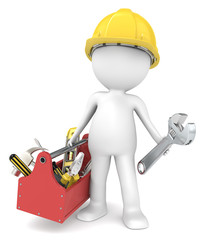 The Handyman. 3D little human character The Builder with toolbox
