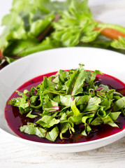 Vegetable soup from young, fresh sheets of the beetroot