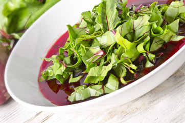 Vegetable soup from young, fresh sheets of the beetroot
