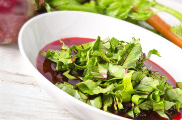 Vegetable soup from young, fresh sheets of the beetroot