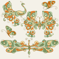 vector stylized dragonfly, butterflies, and peacock
