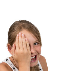Funny blond Girl holding one Eye, isolated