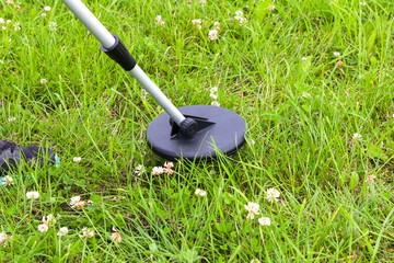 Searching a lawn with a metal detector