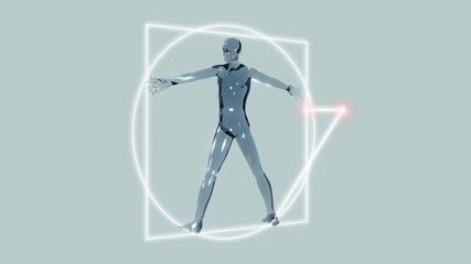 Man made of glass circumscribed by a circle and a square. Loops.