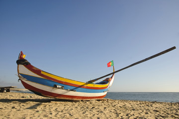 Typical portuguese fishing boat on the beach, Espinho, Portugal