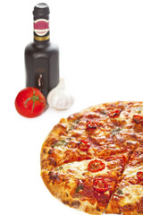 Close-up of stone-backed pizza margarita