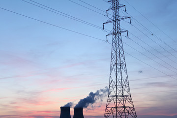 Nuclear power plant at sunset