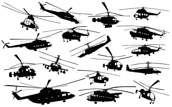Detailed  helicopter silhouettes set. Vector
